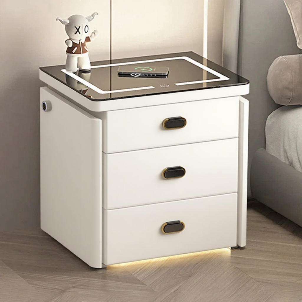 Smart Secure 3-Drawer Nightstand with Biometric Safe & LED Lighting