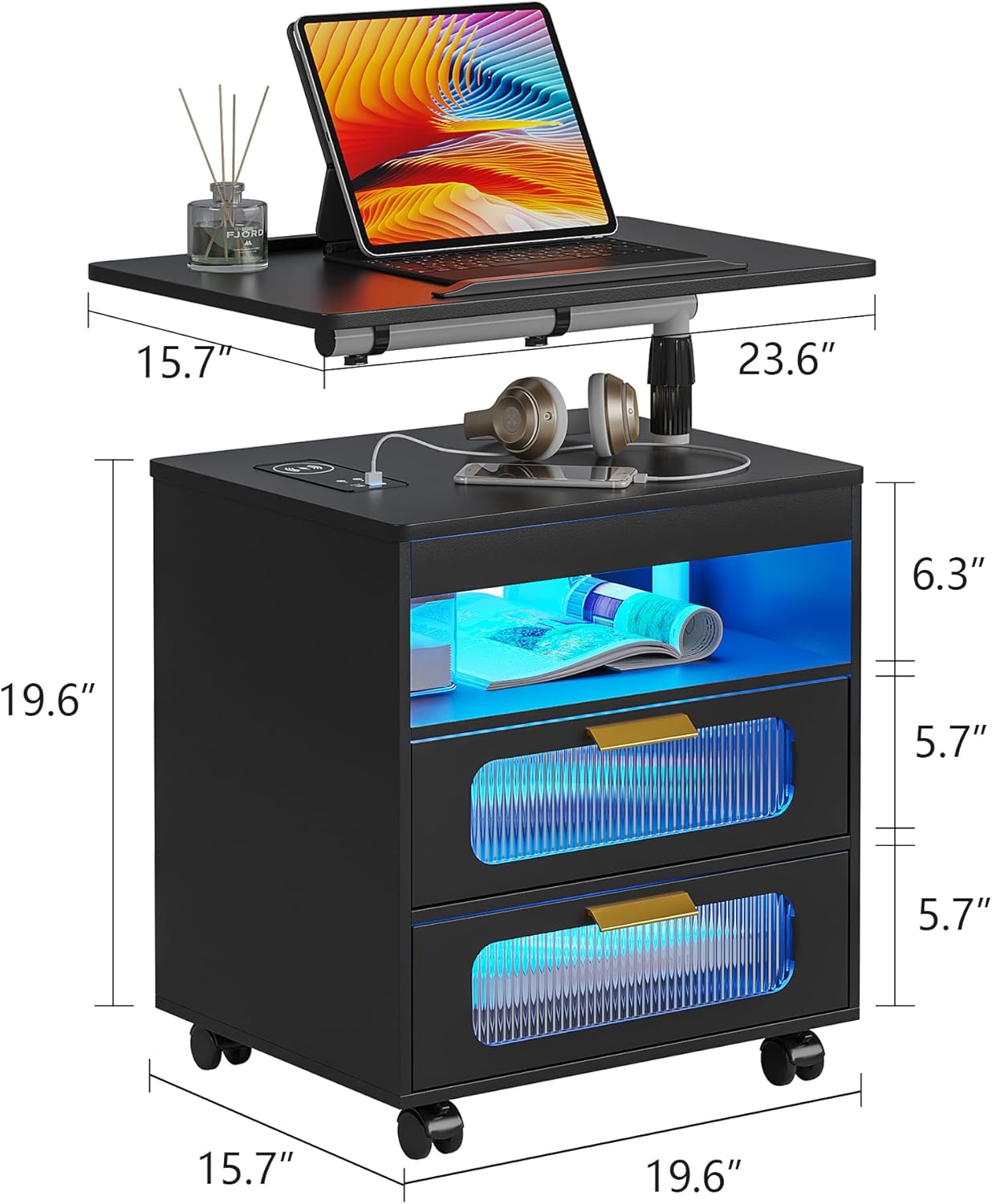 💡Nightstand with Wireless Charging Station, LED Nightstand Has Adjustable Rotary Workstation,Smart Night Stand with 2 Drawers,Modern Bedside Table for Bedroom, Sensor Light/Wheel