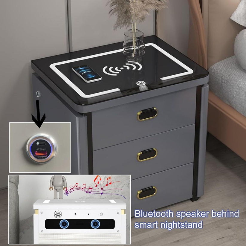 Smart Secure 3-Drawer Nightstand with Biometric Safe & LED Lighting
