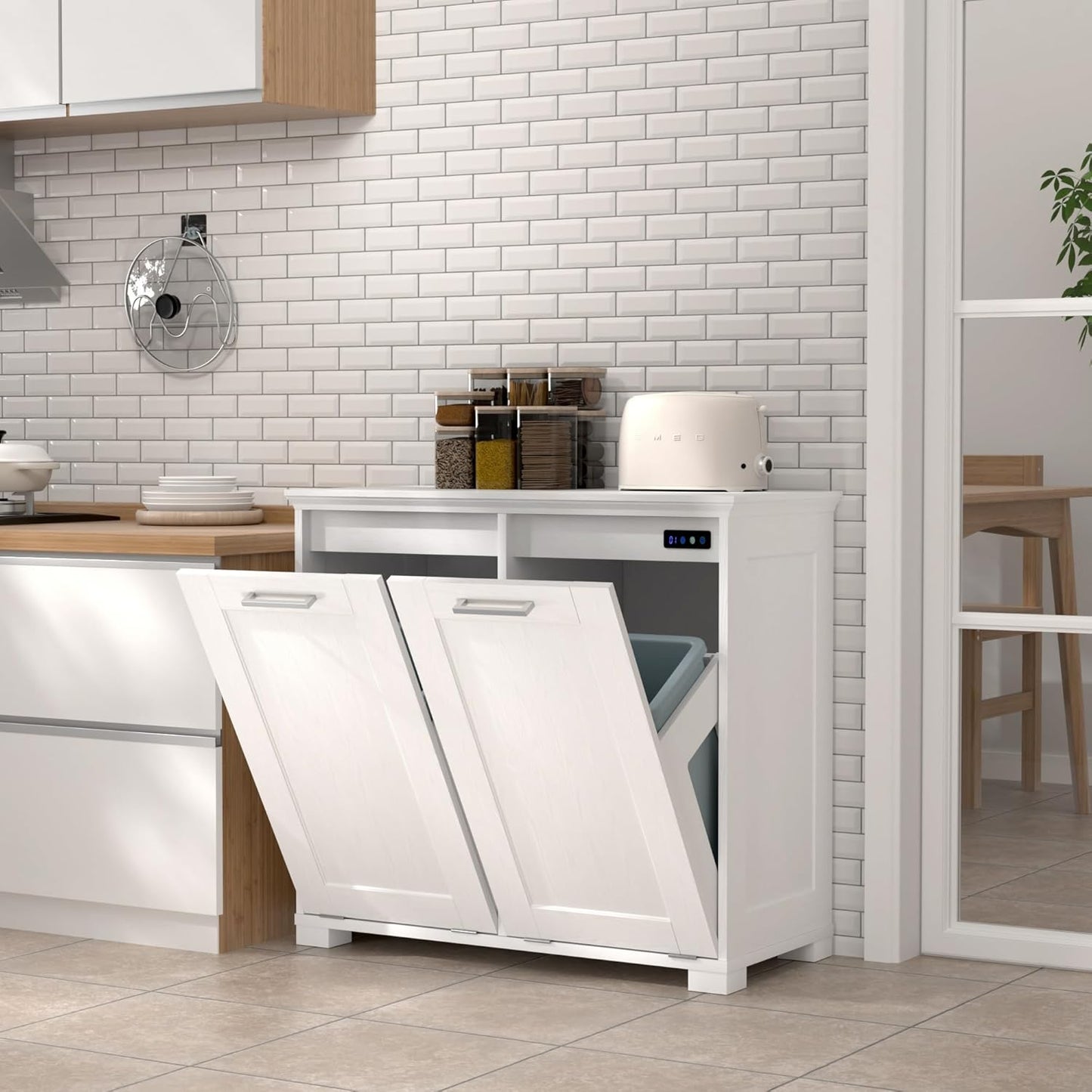 ✨Tilt Out Trash Cabinet with Deodorising Function, Wooden Freestanding Garbage Can for Home and Kitchen Hidden Laundry Hamper