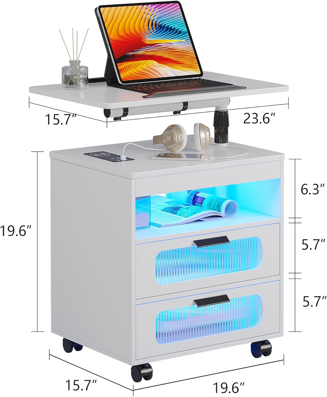 💡Nightstand with Wireless Charging Station, LED Nightstand Has Adjustable Rotary Workstation,Smart Night Stand with 2 Drawers,Modern Bedside Table for Bedroom, Sensor Light/Wheel