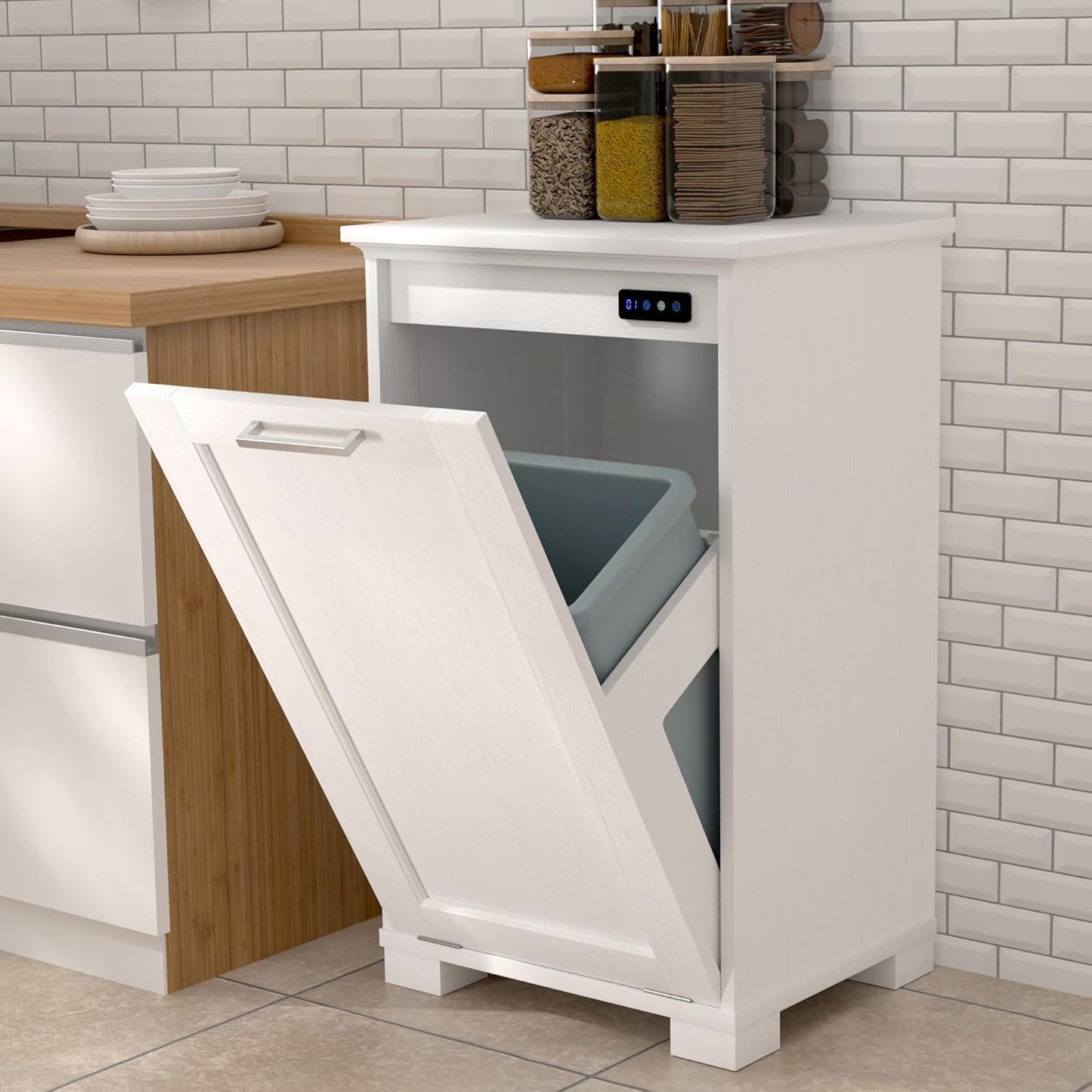 ✨Tilt Out Trash Cabinet with Deodorising Function, Wooden Freestanding Garbage Can for Home and Kitchen Hidden Laundry Hamper