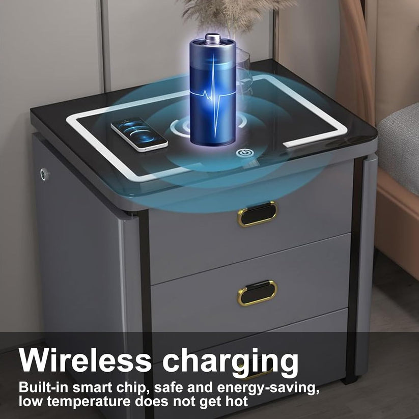 Smart Secure 3-Drawer Nightstand with Biometric Safe & LED Lighting