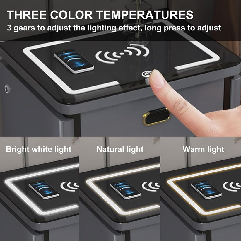 Smart Secure 3-Drawer Nightstand with Biometric Safe & LED Lighting