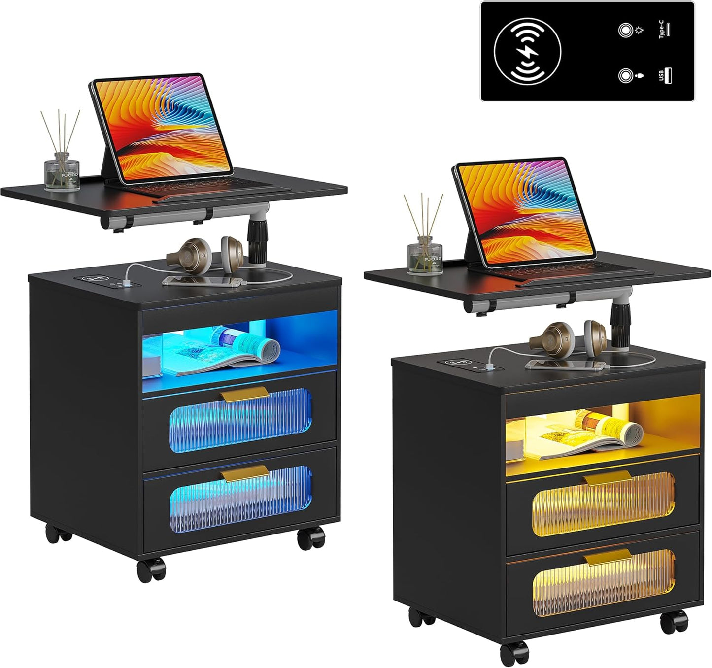 💡Nightstand with Wireless Charging Station, LED Nightstand Has Adjustable Rotary Workstation,Smart Night Stand with 2 Drawers,Modern Bedside Table for Bedroom, Sensor Light/Wheel