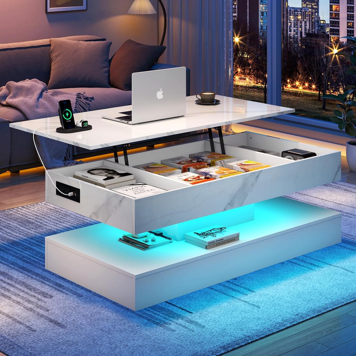 ✨47.2" Large Lift Top Coffee Table with Charging Station, LED Modern High Glossy Center Table with Hidden Compartment Storage, White Lift Living Room Tables with Marbling Print