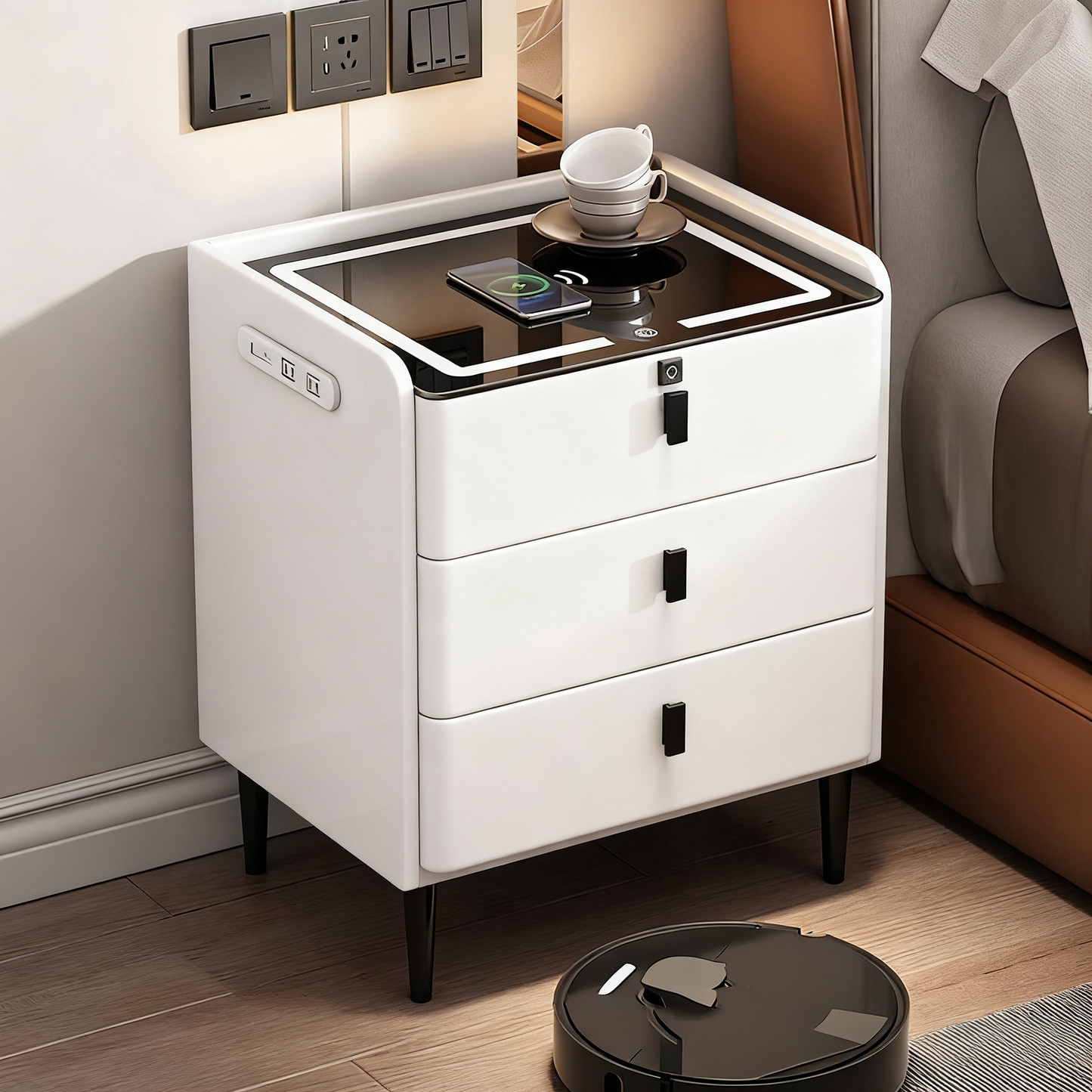 🌟Modern End Side Table, Smart Nightstand with  3 Drawers End Table USB Adjustable Led Lights Bedside Dresse Lock Speaker