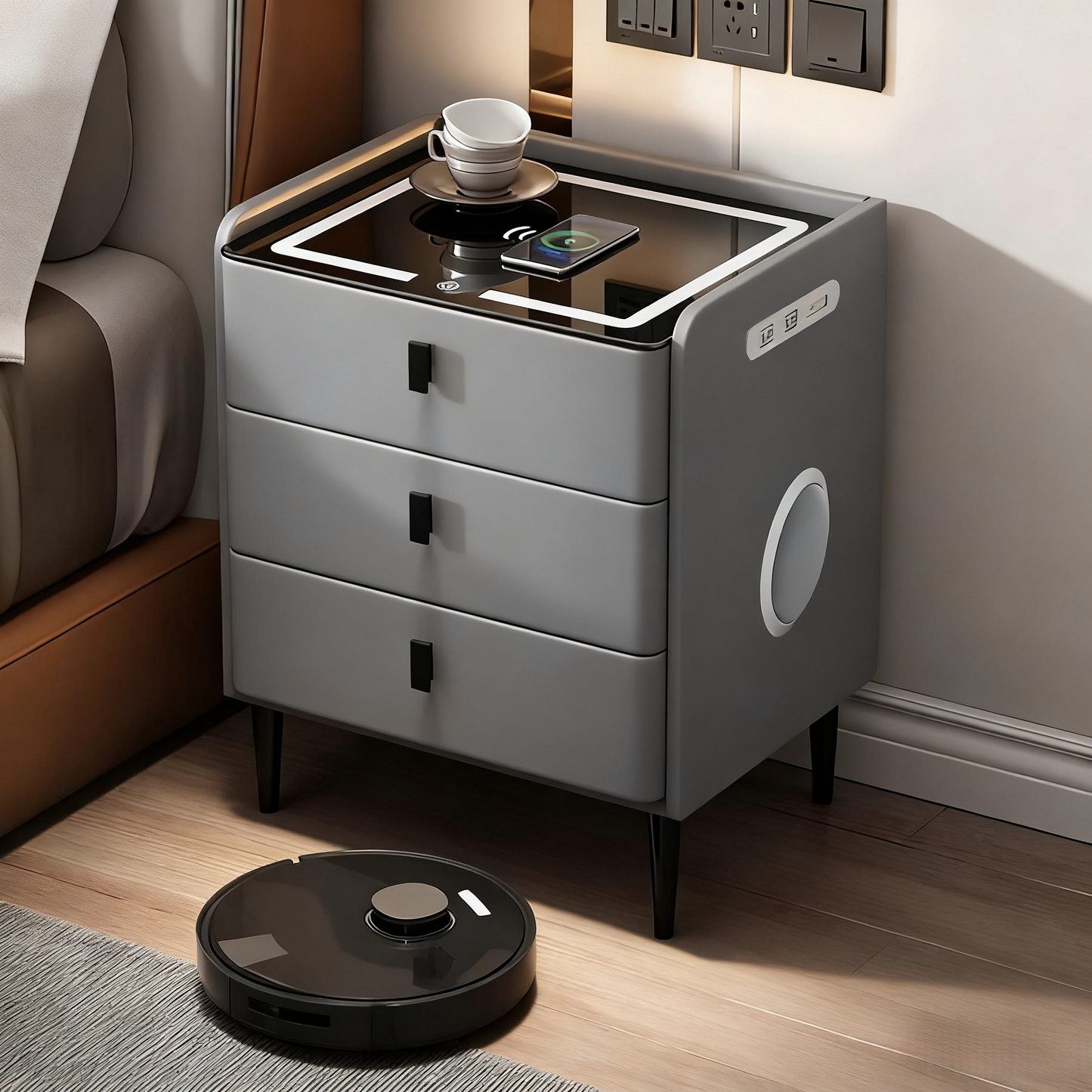 🌟Modern End Side Table, Smart Nightstand with  3 Drawers End Table USB Adjustable Led Lights Bedside Dresse Lock Speaker
