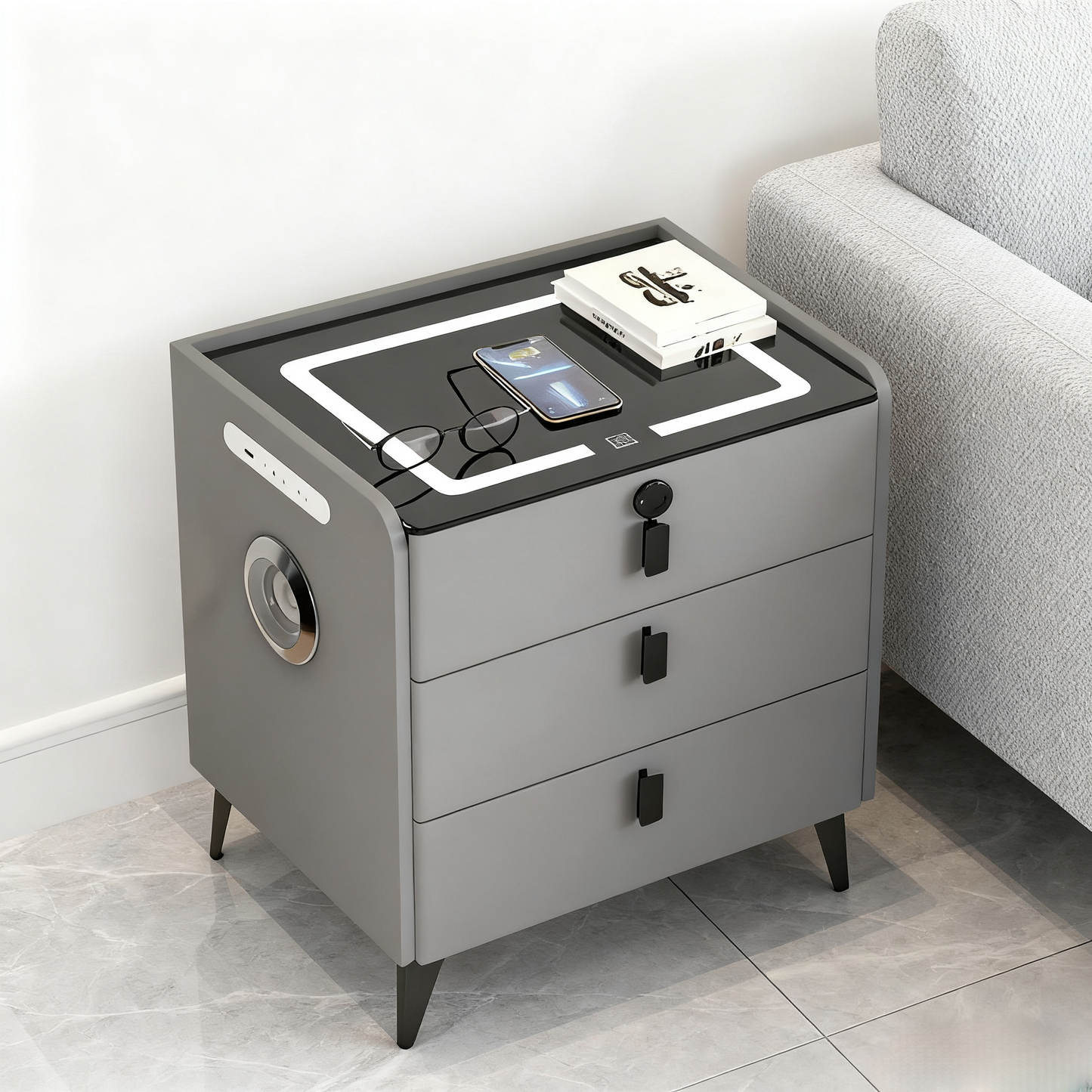 🌟Modern End Side Table, Smart Nightstand with  3 Drawers End Table USB Adjustable Led Lights Bedside Dresse Lock Speaker