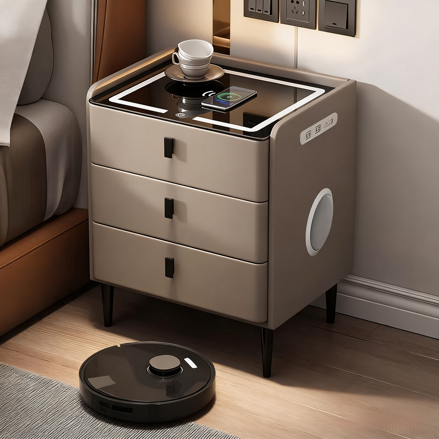 🌟Modern End Side Table, Smart Nightstand with  3 Drawers End Table USB Adjustable Led Lights Bedside Dresse Lock Speaker