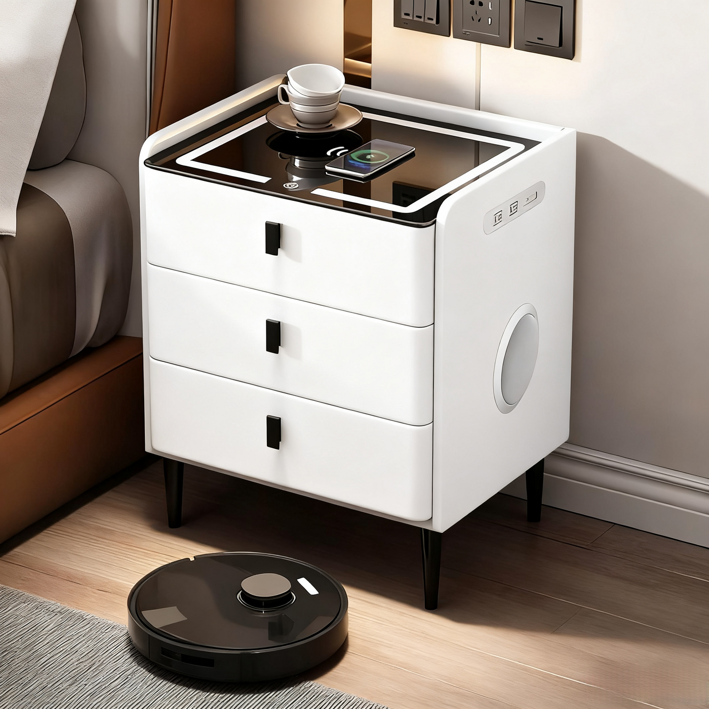 🌟Modern End Side Table, Smart Nightstand with  3 Drawers End Table USB Adjustable Led Lights Bedside Dresse Lock Speaker