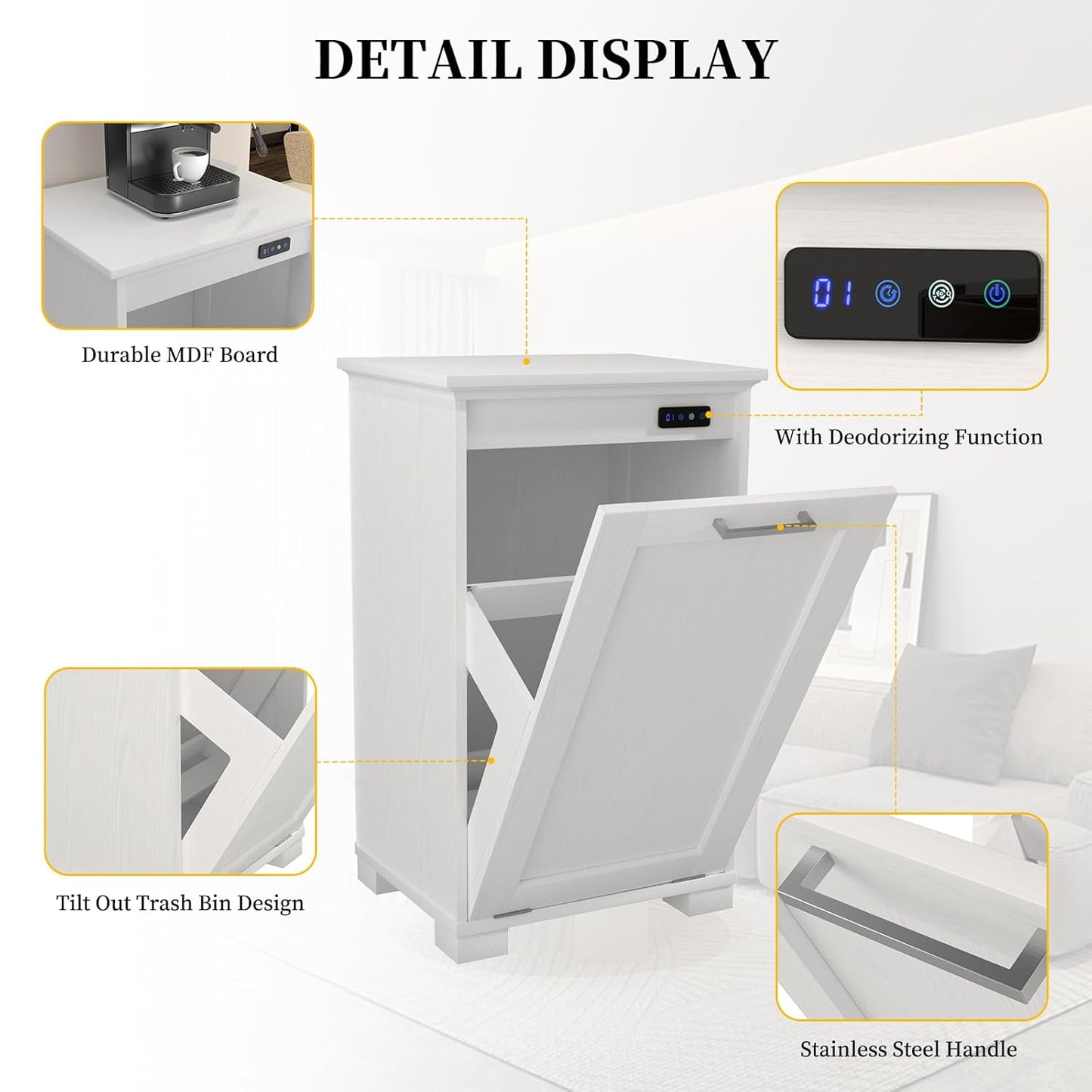 ✨Tilt Out Trash Cabinet with Deodorising Function, Wooden Freestanding Garbage Can for Home and Kitchen Hidden Laundry Hamper