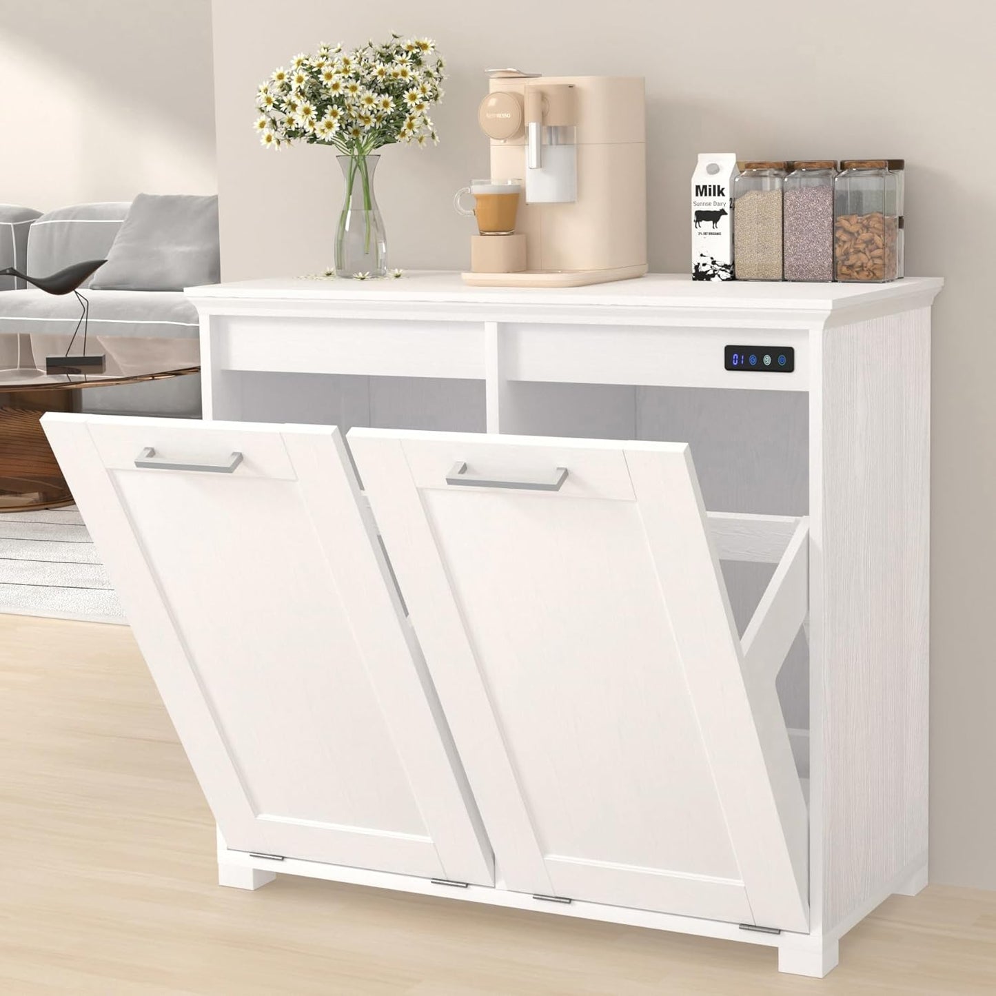 ✨Tilt Out Trash Cabinet with Deodorising Function, Wooden Freestanding Garbage Can for Home and Kitchen Hidden Laundry Hamper
