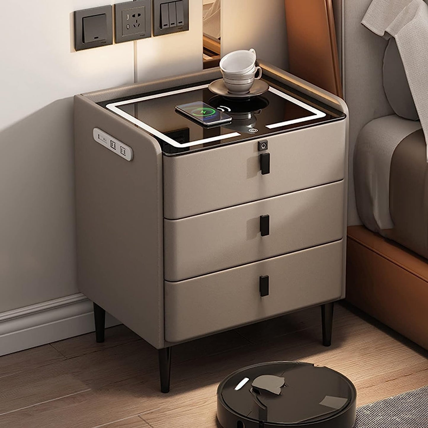 🌟Modern End Side Table, Smart Nightstand with  3 Drawers End Table USB Adjustable Led Lights Bedside Dresse Lock Speaker