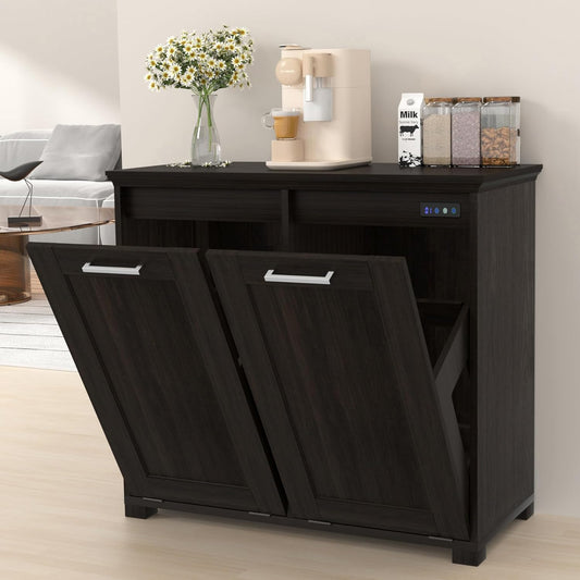 ✨Tilt Out Trash Cabinet with Deodorising Function, Wooden Freestanding Garbage Can for Home and Kitchen Hidden Laundry Hamper