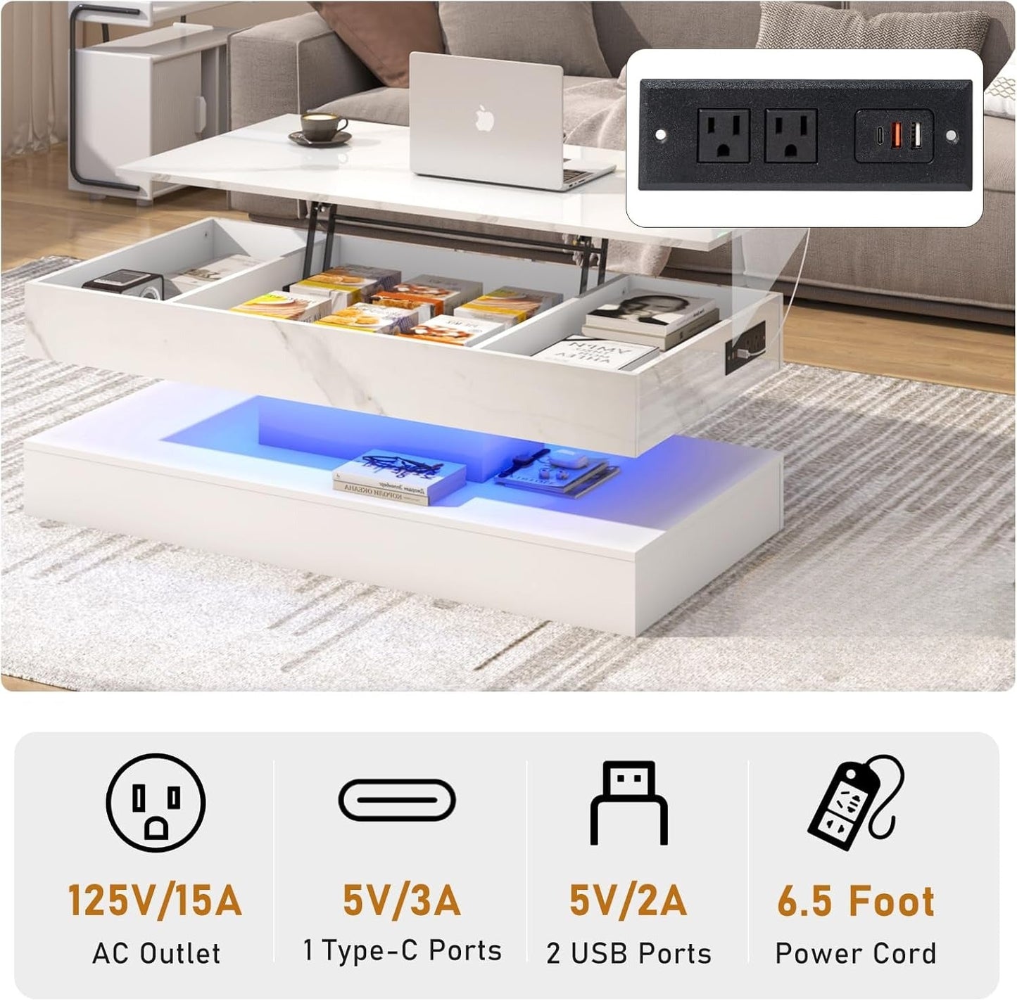 ✨47.2" Large Lift Top Coffee Table with Charging Station, LED Modern High Glossy Center Table with Hidden Compartment Storage, White Lift Living Room Tables with Marbling Print