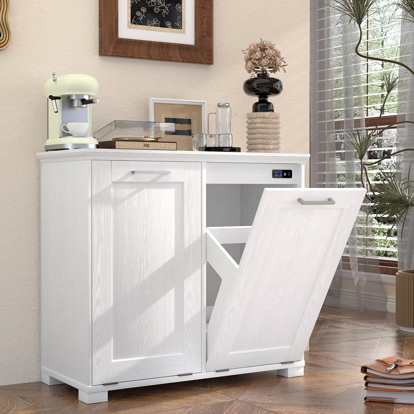 ✨Tilt Out Trash Cabinet with Deodorising Function, Wooden Freestanding Garbage Can for Home and Kitchen Hidden Laundry Hamper