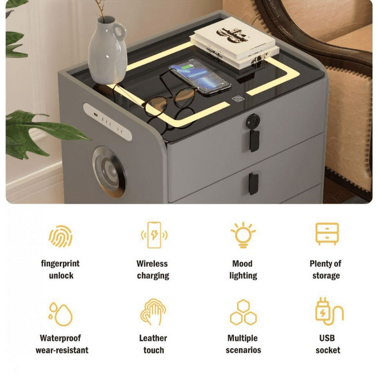 🌟Modern End Side Table, Smart Nightstand with  3 Drawers End Table USB Adjustable Led Lights Bedside Dresse Lock Speaker