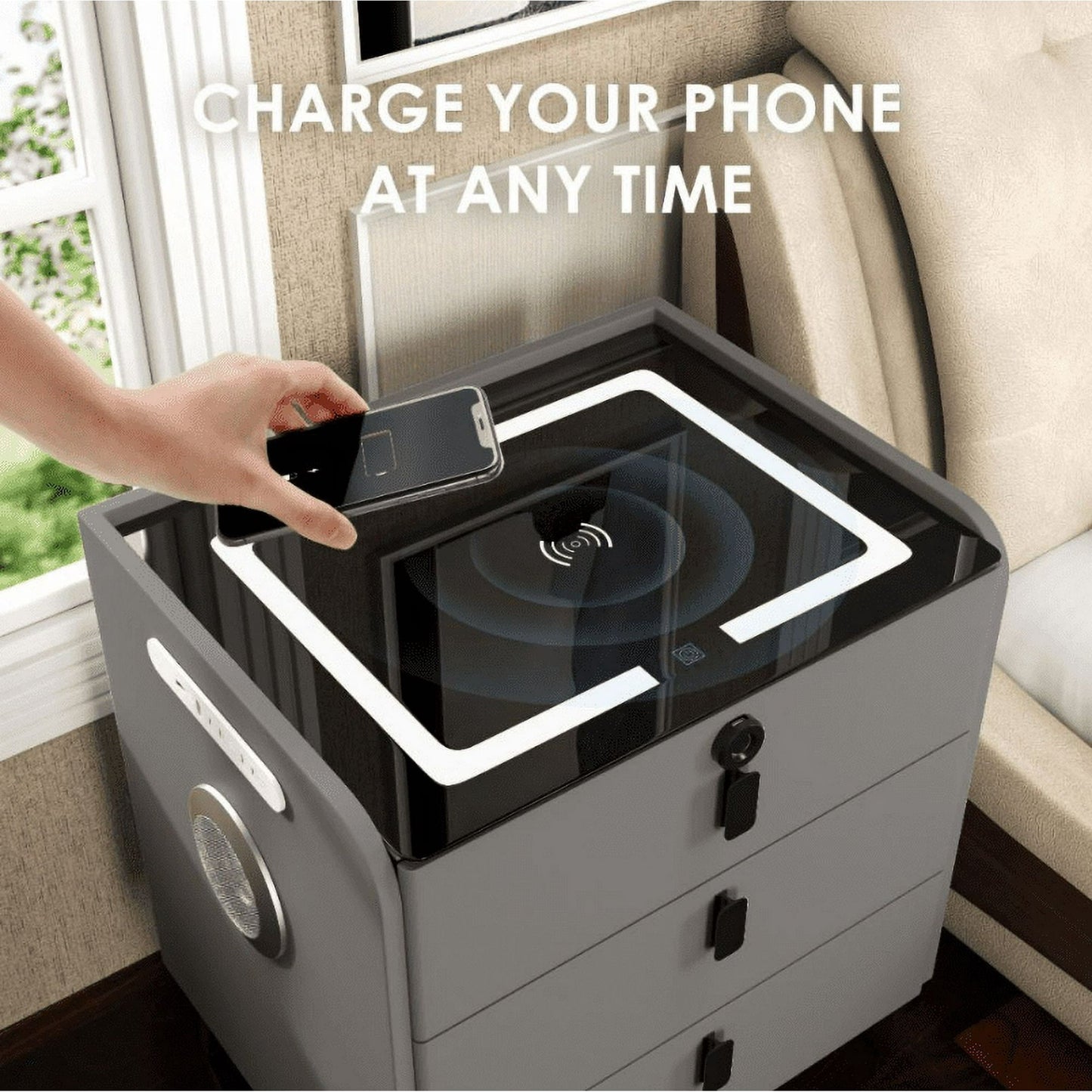🌟Modern End Side Table, Smart Nightstand with  3 Drawers End Table USB Adjustable Led Lights Bedside Dresse Lock Speaker