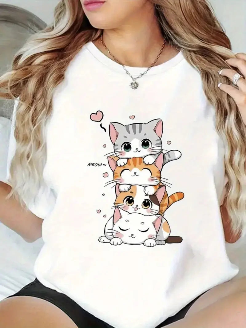 Women's Cute MEOW T-Shirt - White Top with Gray & Orange Tabby Cats