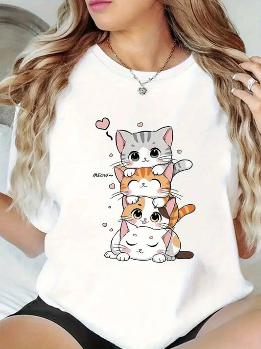 Women's Cute MEOW T-Shirt - White Top with Gray & Orange Tabby Cats