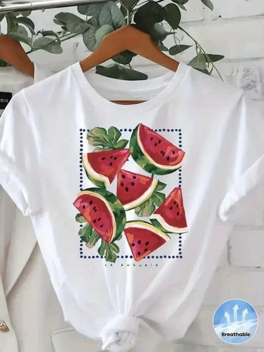 Women's White Casual T-Shirt - Breathable Summer Everyday Top with Watermelon