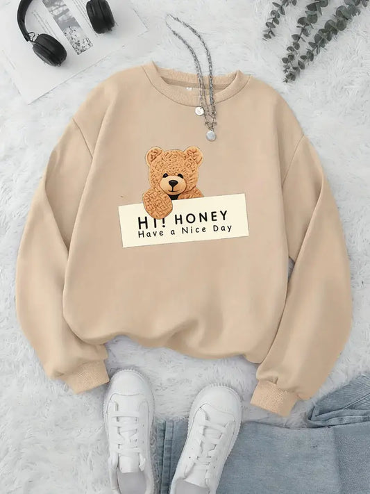 Women'S Beige Crewneck Sweatshirt - Cute Teddy Bear Face Graphic Pullover