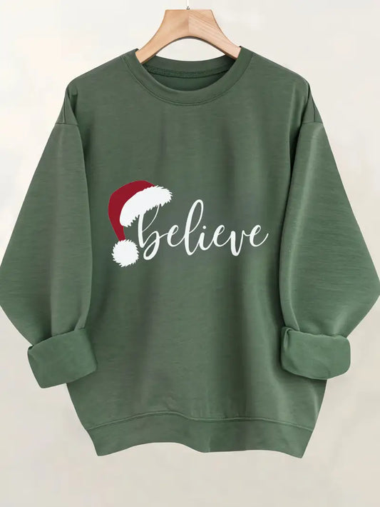 Women's Dark Green Christmas "Believe" Sweatshirt with White Cursive Lettering